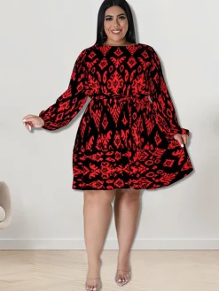 Plus Size Long Sleeves Round Neck Midi Dress