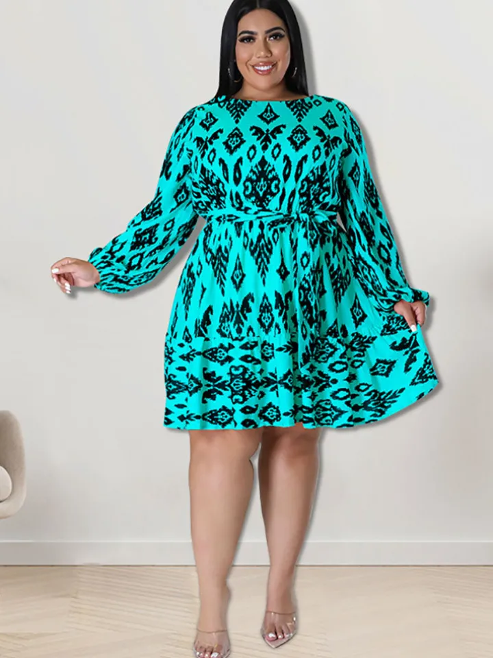 Plus Size Long Sleeves Round Neck Midi Dress