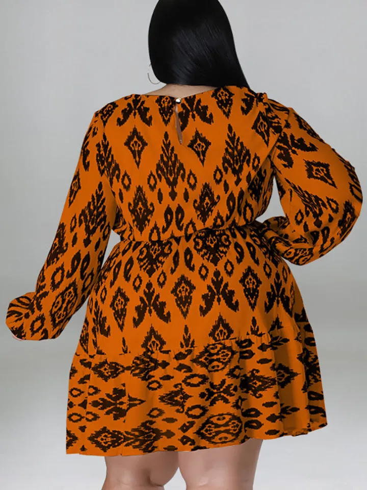 Plus Size Long Sleeves Round Neck Midi Dress