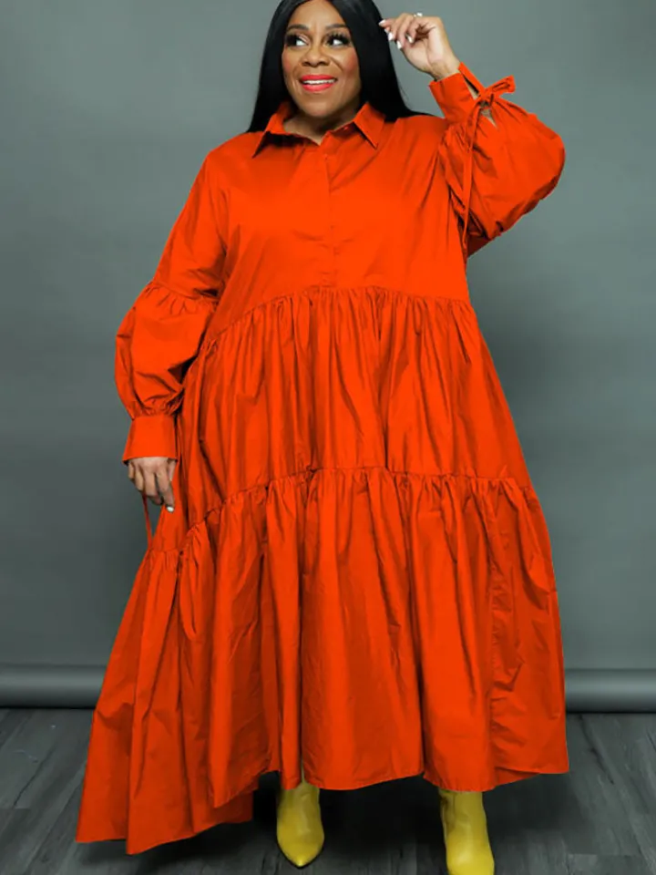 Plus Size Long Sleeves Ruffle Hem Maxi Dress