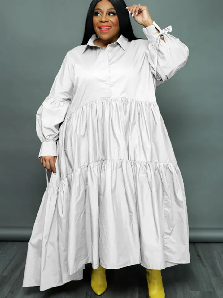 Plus Size Long Sleeves Ruffle Hem Maxi Dress