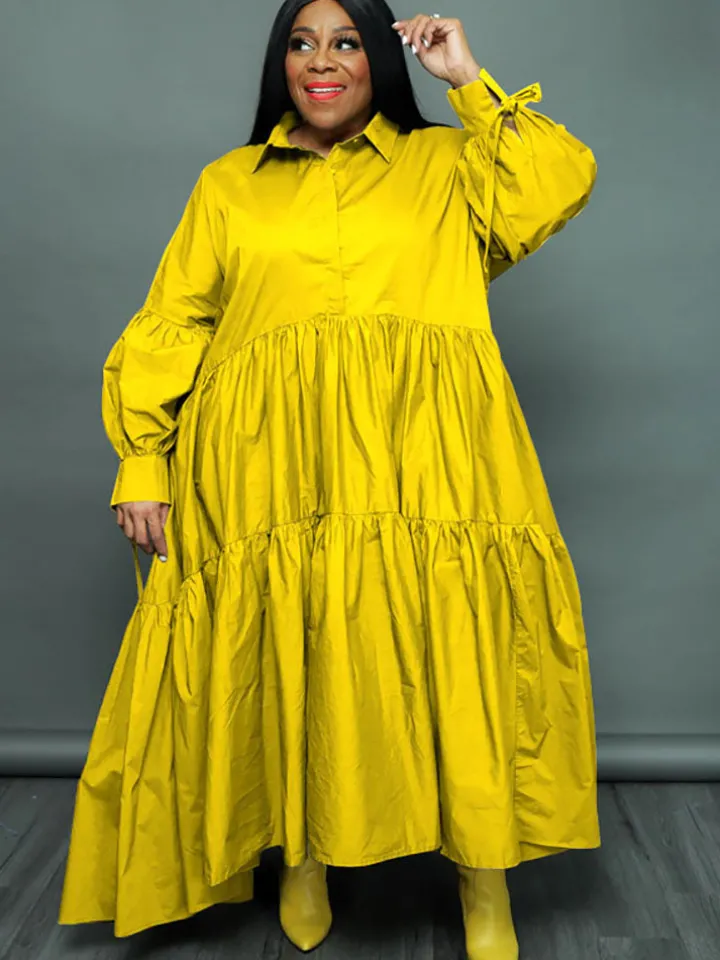 Plus Size Long Sleeves Ruffle Hem Maxi Dress