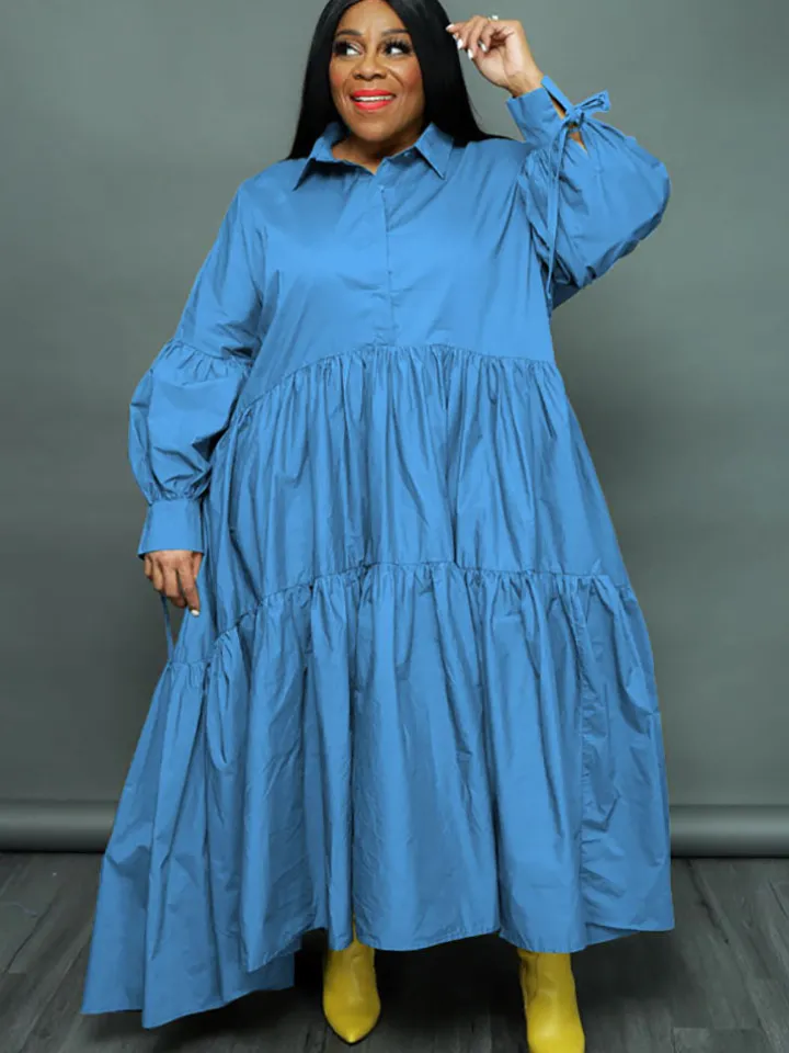 Plus Size Long Sleeves Ruffle Hem Maxi Dress