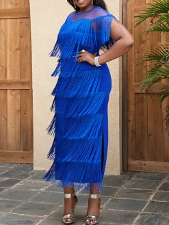 Plus Size Mesh Side Slit Tassel Fringe Dress