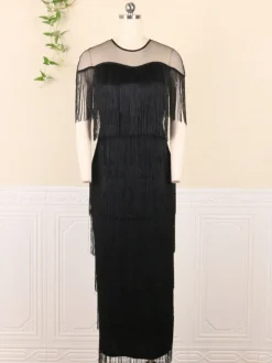 Plus Size Mesh Side Slit Tassel Fringe Dress