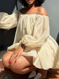 Plus Size Off Shoulder Puff Sleeve Dress