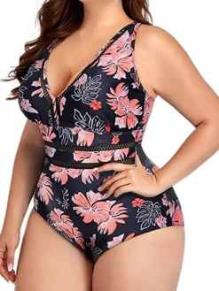 Plus Size One Piece Floral Hollow Out Swimsuit