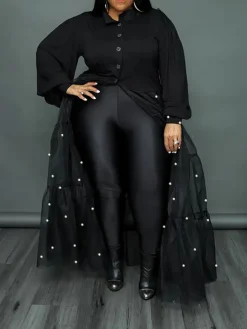 Plus Size Pearl Mesh Patchwork Top