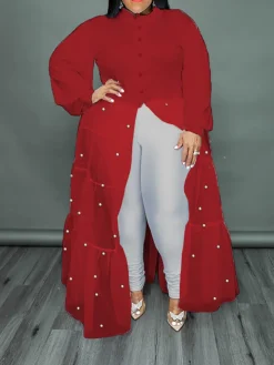 Plus Size Pearl Mesh Patchwork Top