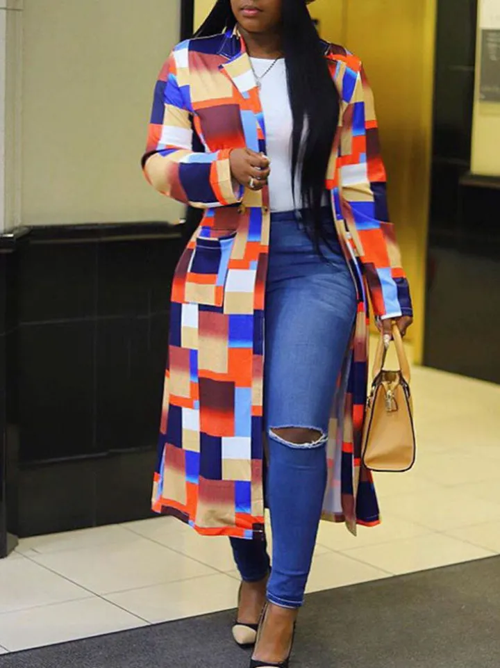 Plus Size Plaid Colorful Print Double-Breasted Lapel Coat
