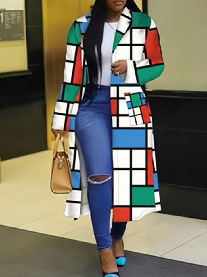 Plus Size Plaid Colorful Print Double-Breasted Lapel Coat