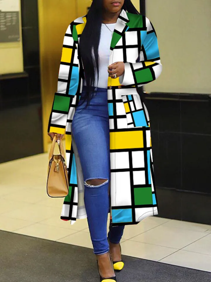 Plus Size Plaid Colorful Print Double-Breasted Lapel Coat