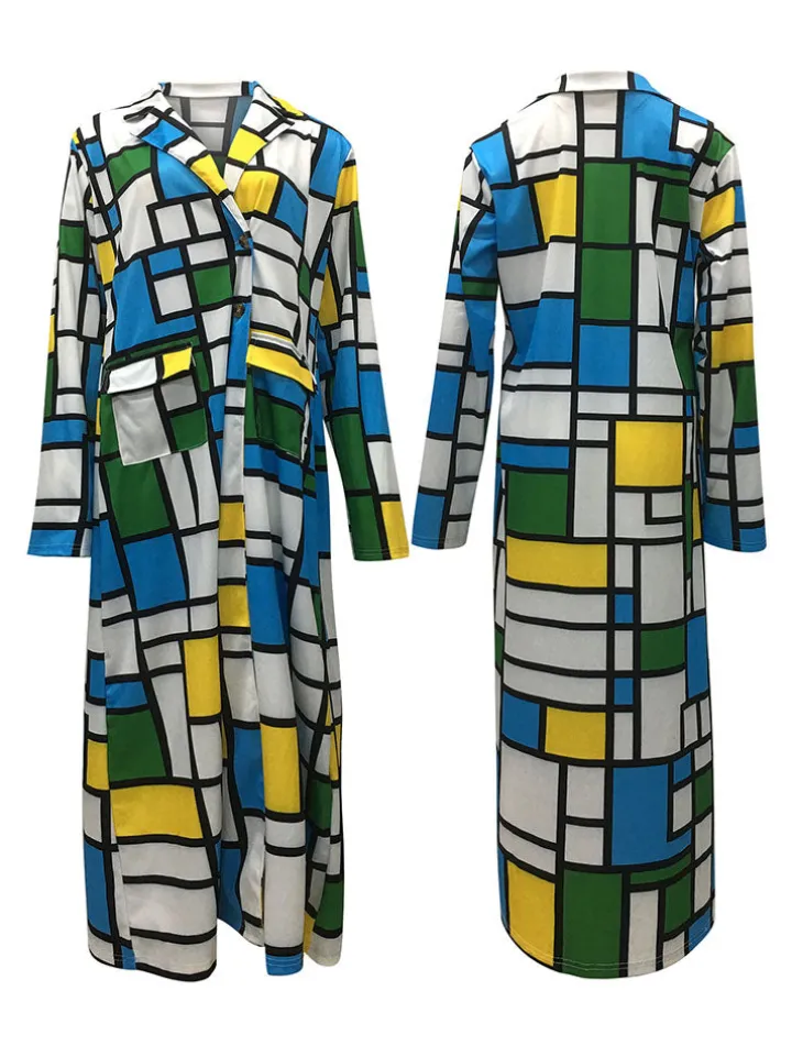 Plus Size Plaid Colorful Print Double-Breasted Lapel Coat