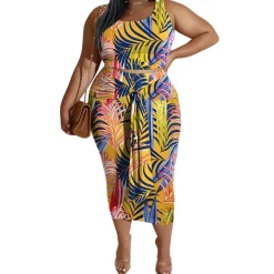 Plus Size Print Sleeveless Top Skirt Set
