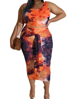 Plus Size Print Sleeveless Top Skirt Set