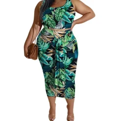 Plus Size Print Sleeveless Top Skirt Set