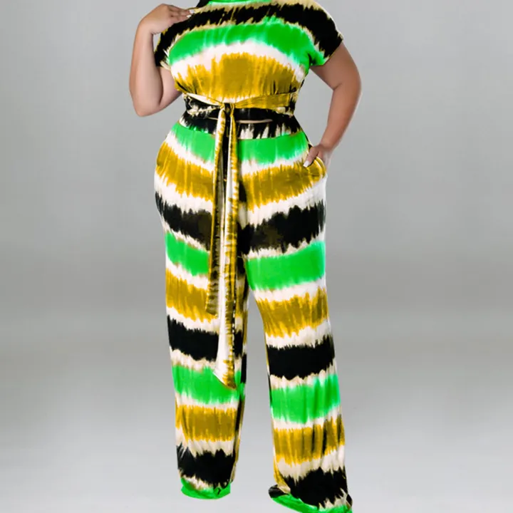 Plus Size Printed Belted Top Wide Leg Pants