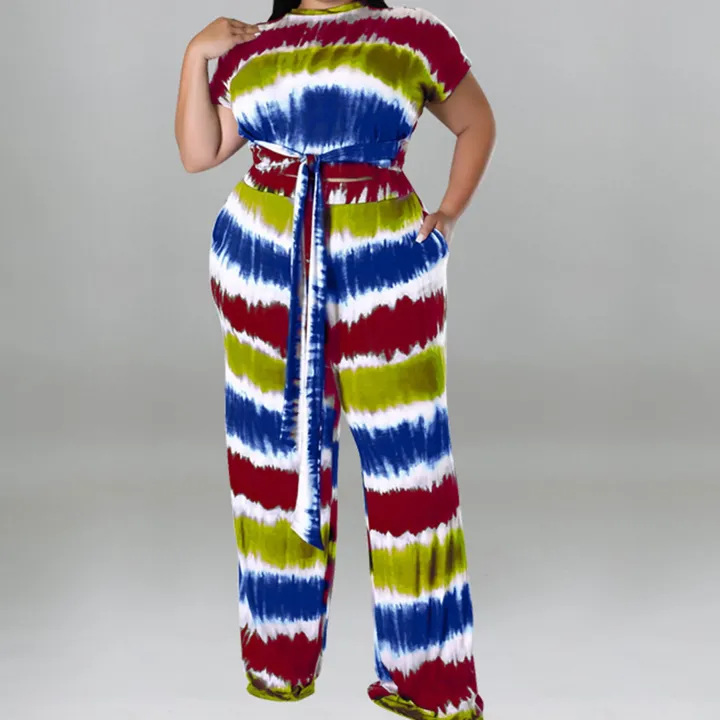 Plus Size Printed Belted Top Wide Leg Pants