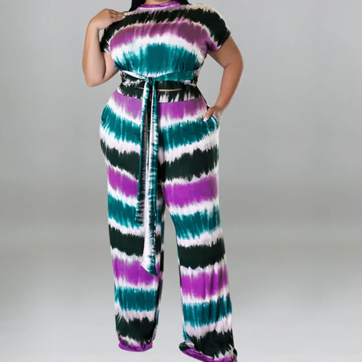 Plus Size Printed Belted Top Wide Leg Pants