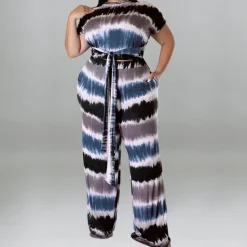 Plus Size Printed Belted Top Wide Leg Pants