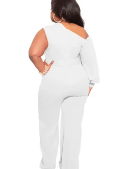 Plus Size Puff Sleeve Belted Wide Leg Pant Jumpsuit