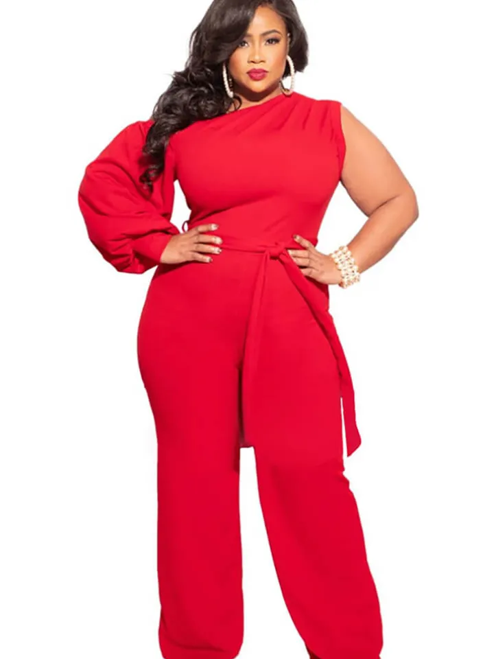 Plus Size Puff Sleeve Belted Wide Leg Pant Jumpsuit