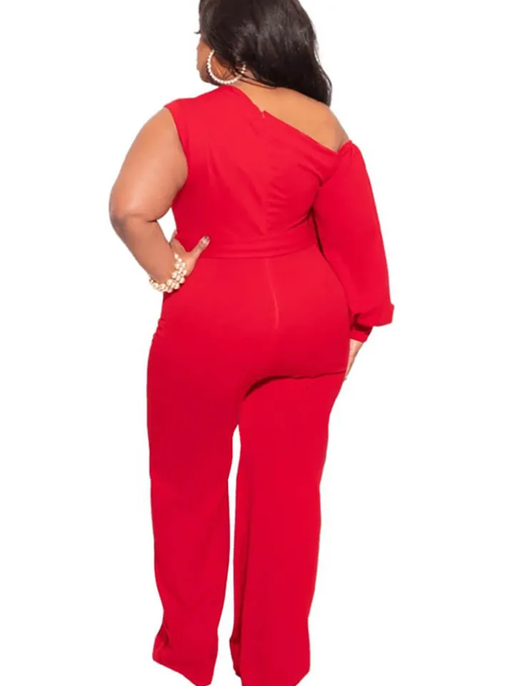 Plus Size Puff Sleeve Belted Wide Leg Pant Jumpsuit
