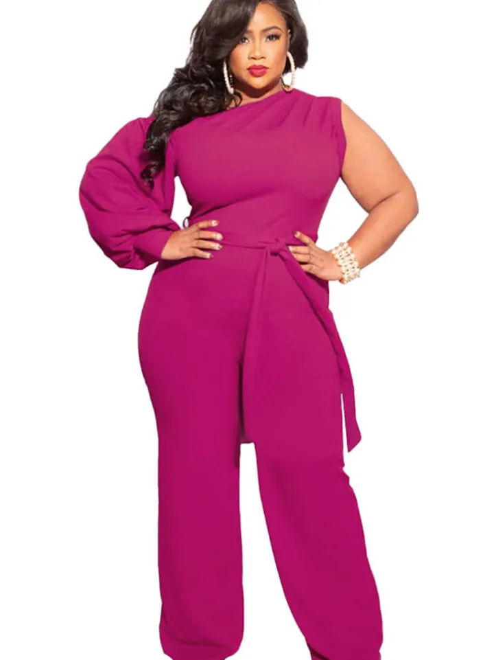 Plus Size Puff Sleeve Belted Wide Leg Pant Jumpsuit