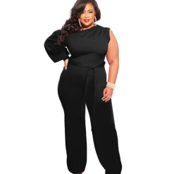 Plus Size Puff Sleeve Belted Wide Leg Pant Jumpsuit