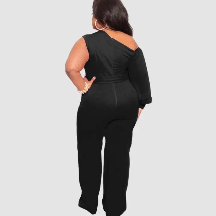 Plus Size Puff Sleeve Belted Wide Leg Pant Jumpsuit