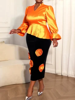 Plus Size Puff Sleeve Floral Skirt Set