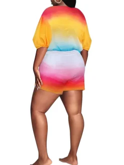 Plus Size Rainbow Gradient Color Shorts Set
