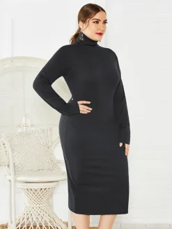 Plus Size Ribbed Pullover Knit Sweater Dress