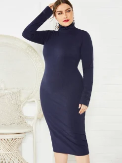 Plus Size Ribbed Pullover Knit Sweater Dress