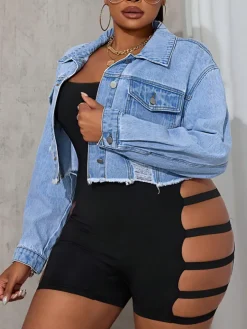 Plus Size Ripped Cropped Denim Jacket