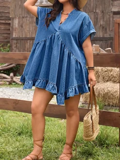 Plus Size Ruffle Denim Swing Dress
