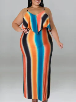 Plus Size Ruffle Strap Rainbow Stripe Print Dress
