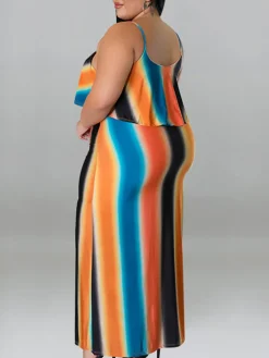 Plus Size Ruffle Strap Rainbow Stripe Print Dress