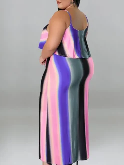 Plus Size Ruffle Strap Rainbow Stripe Print Dress