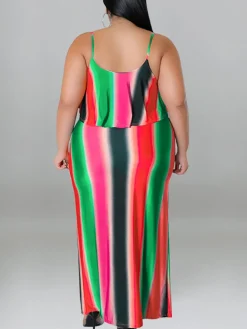 Plus Size Ruffle Strap Rainbow Stripe Print Dress