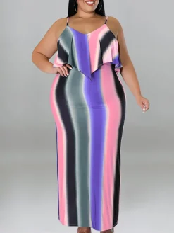 Plus Size Ruffle Strap Rainbow Stripe Print Dress