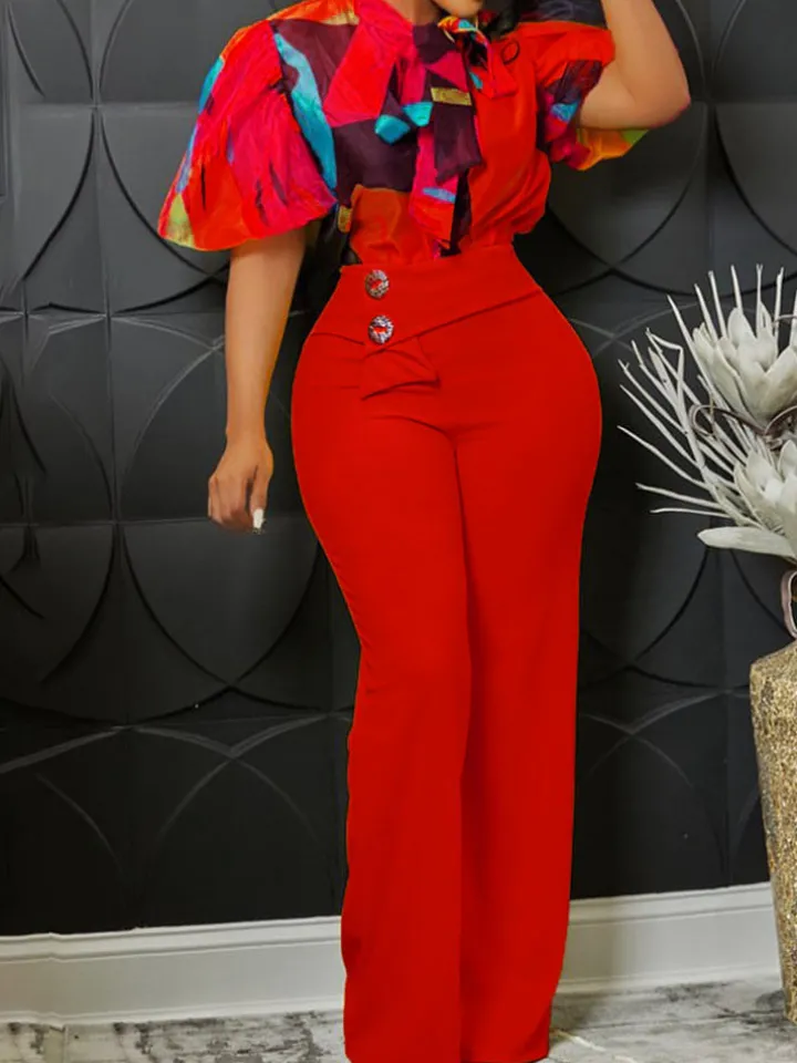 Plus Size Short Sleeve Shirt and Wide Leg Pants Set