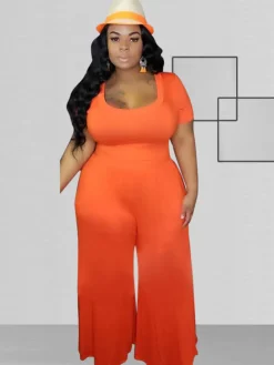 Plus Size Short Sleeve Wide Leg Pant Jumpsuit