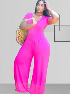 Plus Size Short Sleeve Wide Leg Pant Jumpsuit