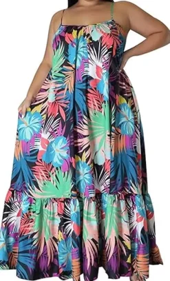 Plus Size Sleeveless Floral Print Ruffle Maxi Dress