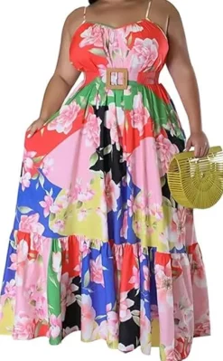 Plus Size Sleeveless Floral Print Ruffle Maxi Dress