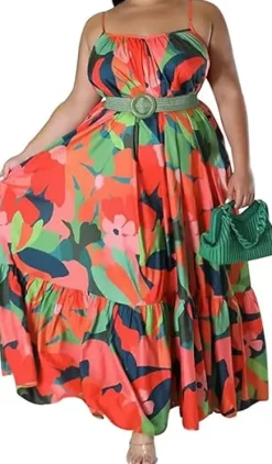 Plus Size Sleeveless Floral Print Ruffle Maxi Dress