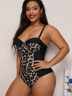 Plus Size Sleeveless Leopard Print Swimsuit