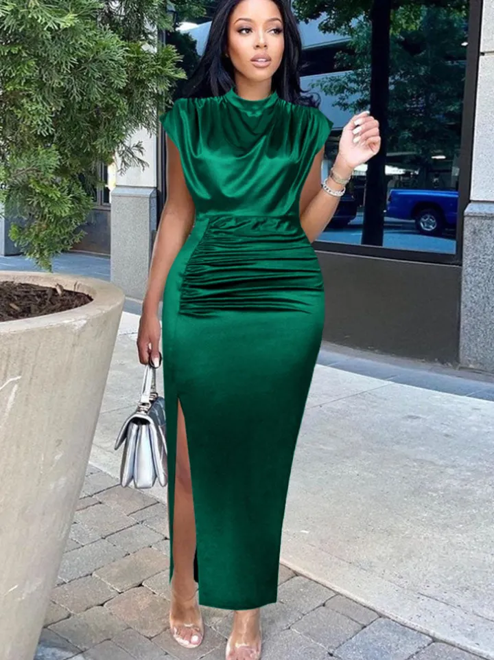 Plus Size Sleeveless Ruched Side Split Maxi Dress