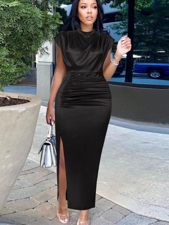 Plus Size Sleeveless Ruched Side Split Maxi Dress